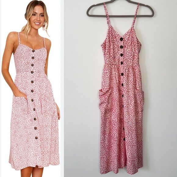 Japna Dress Summer Ditsy Floral Peasant Button Down Tank Pockets Lined Sz S - Picture 1 of 14